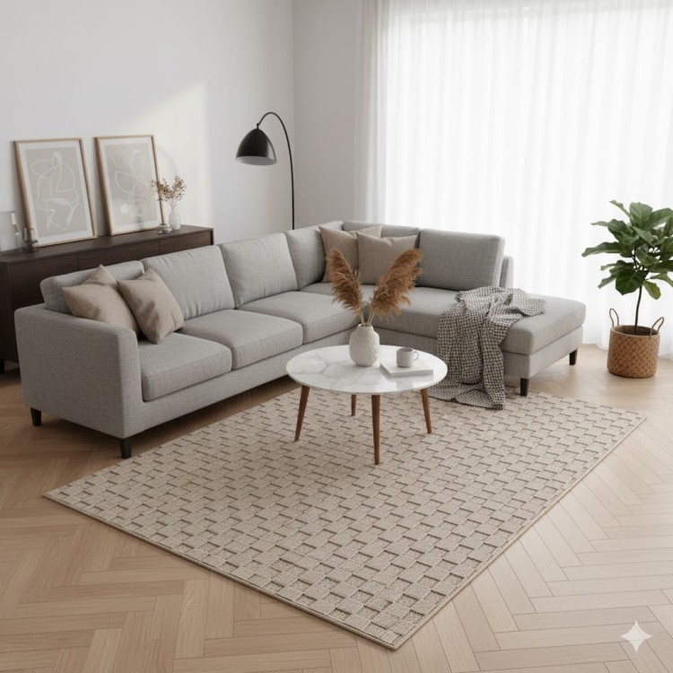 dywan-nowoczesny-3d-helix-bezowy-rzut-aranzacja-w-salonie-na-jasnej-podlodze-z-szara-sofa-stolikiem-kawowym-na-srodku-dywanu-z-duzym-oknem-w-tle.jpg