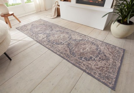 Przejdź do produktu Dywan Terrain designerski Orientalny Ornament Piaskowy Kremowo Niebieski z krótkim włosiem 80 cm x 200 cm Certyfikat Oeko-Tex