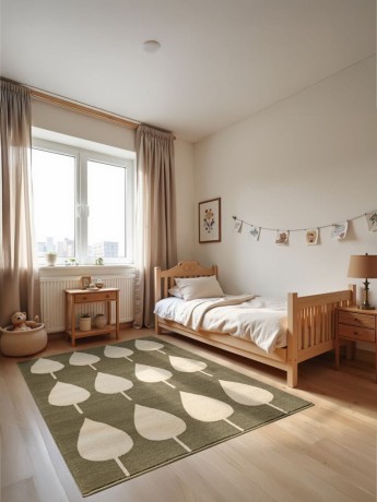 Przejdź do produktu Dywan dziecięcy Adventures – Kremowe Listki na zielonym tle 120 cm x 170 cm Atest Oeko-Tex