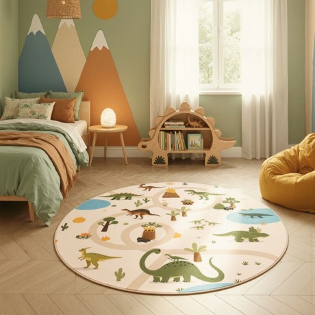 Przejdź do produktu Dywan dziecięcy Coco Dinozaury beżowe koło 120 cm x 120 cm