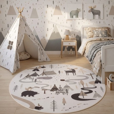 Przejdź do produktu Dywan dziecięcy Coco Tipi Leśna Przygoda kremowy koło 160 cm x 160 cm