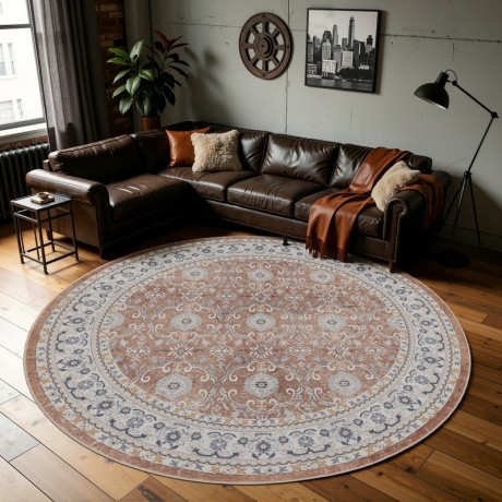 Przejdź do produktu Dywan vintage INKA Ornament z Efektem Postarzenia Terakota koło 120 cm x 120 cm