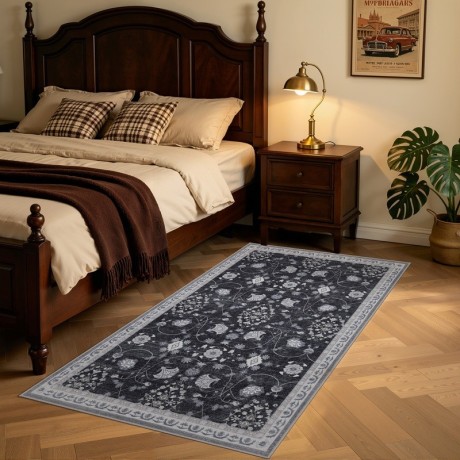Przejdź do produktu Dywan vintage INKA Floral z Efektem Postarzenia Czarno-Szary 80 cm x 150 cm
