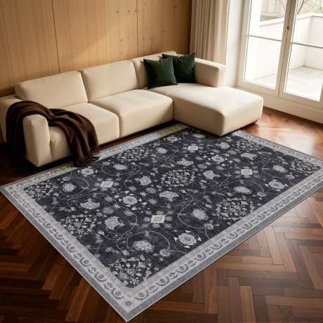 Przejdź do produktu Dywan vintage INKA Floral z Efektem Postarzenia Czarno-Szary 140 cm x 200 cm