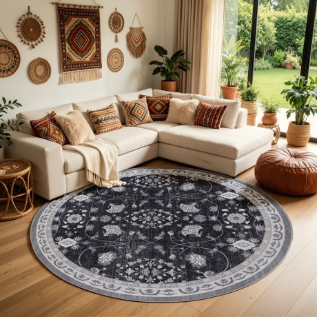 Przejdź do produktu Dywan vintage INKA Floral z Efektem Postarzenia Czarno-Szary koło 160 cm x 160 cm