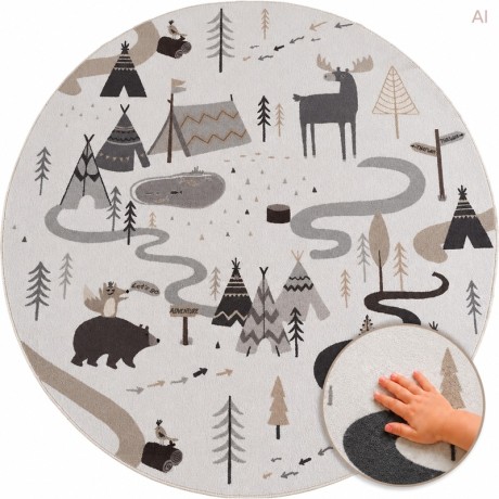 Przejdź do produktu Dywan dziecięcy Coco Tipi Leśna Przygoda kremowy koło 200 cm x 200 cm