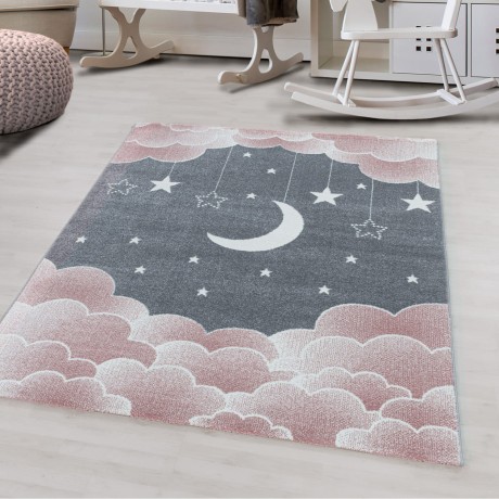 Przejdź do produktu Dywan dziecięcy Funny księżyc nad chmurkami różowo-szary 80 cm x 150 cm